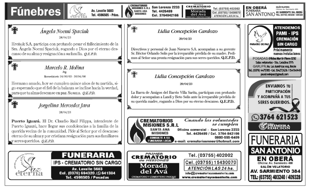 Fúnebres del domingo 30 de abril de 2023 Primera Edición